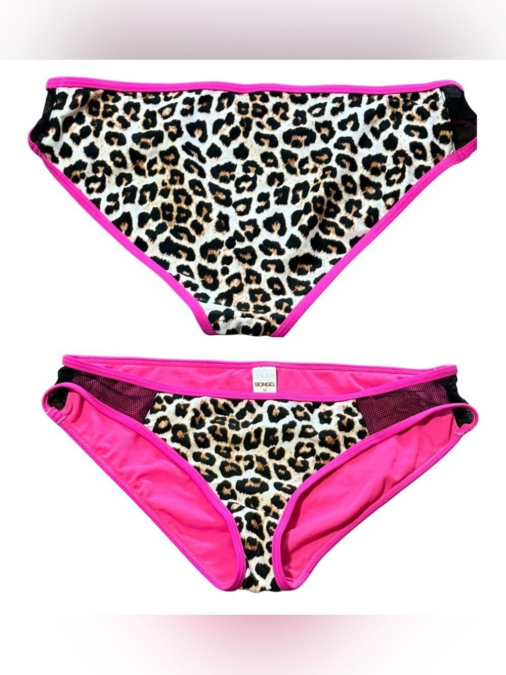 Bongo Leopard Print Bikini Bottom Mesh Sides Pink Tan Black Medium
